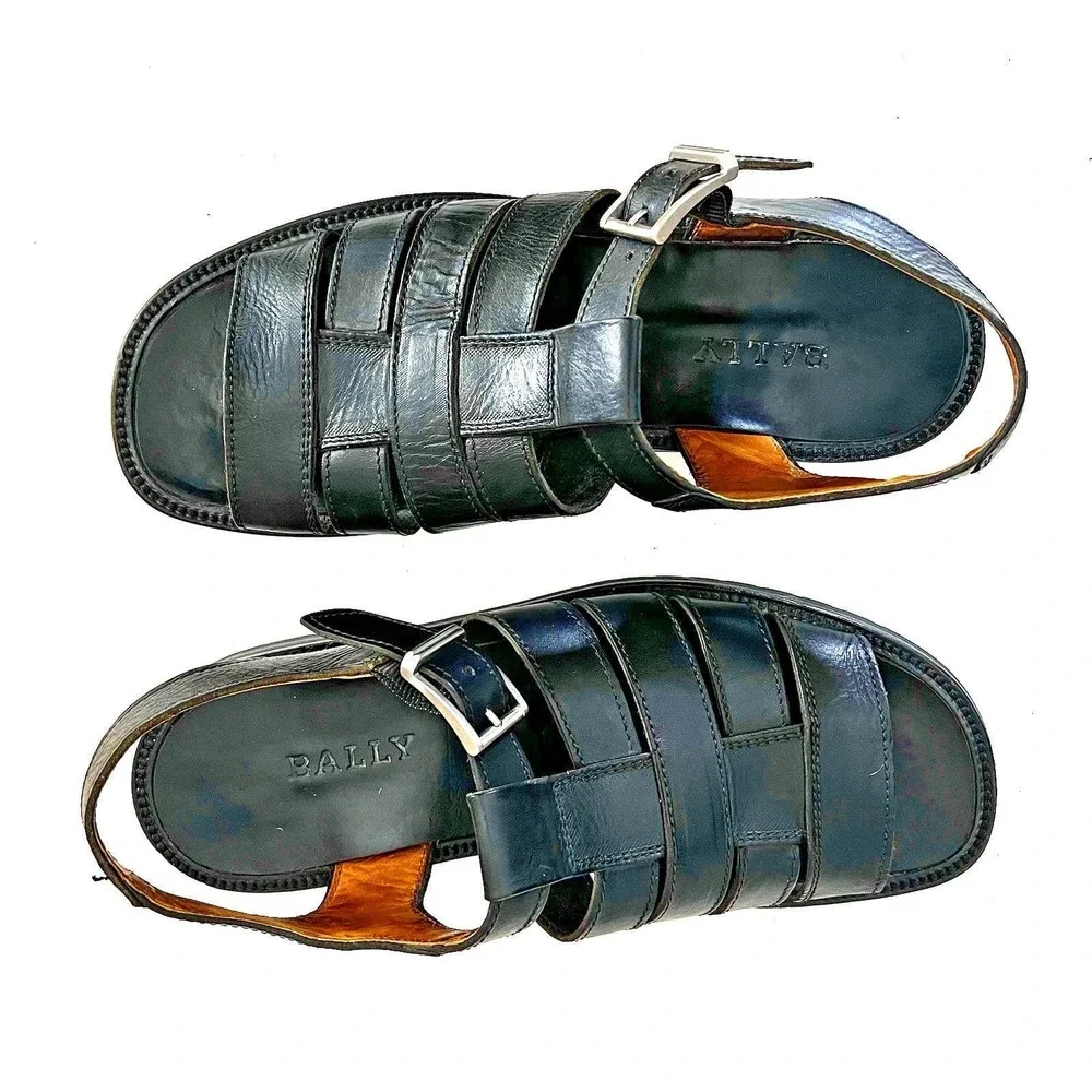 Vintage Bally Giardinetto Mens Black‎ Leather Fisherman Sandals Made in Italy 11